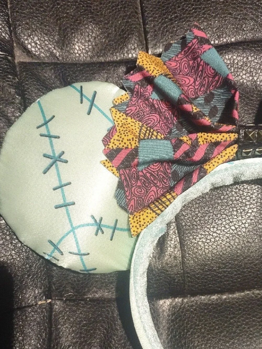 Disney Mint Stitch-Pattern Minnie Ears Headband with Multicolor Patchwork Bow